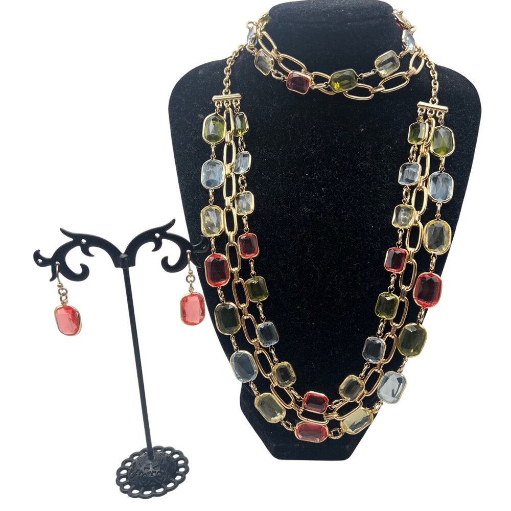 Liz Claiborne Necklace Bracelet Earrings Set Gold-Tone Multicolor Bezel Faceted - Picture 2 of 16